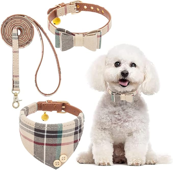 BINGPET Bow Tie Dog Collar with Leash Set - Cute Adjustable Classic Plaid Dog Bandana Collar with Bell, Fit for Small Dogs, Puppies and Cats Outdoor Walking
