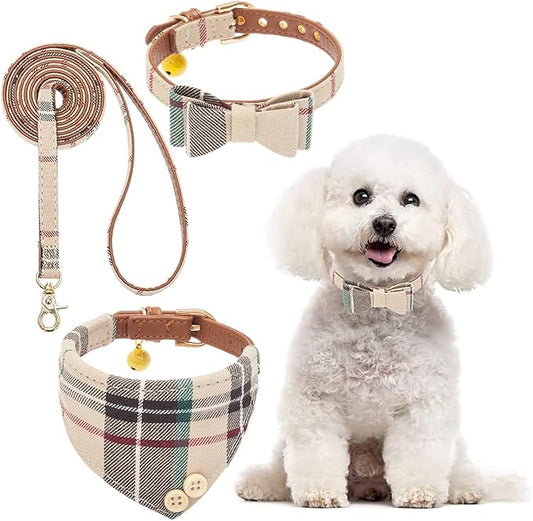 BINGPET Bow Tie Dog Collar with Leash Set - Cute Adjustable Classic Plaid Dog Bandana Collar with Bell, Fit for Small Dogs, Puppies and Cats Outdoor Walking