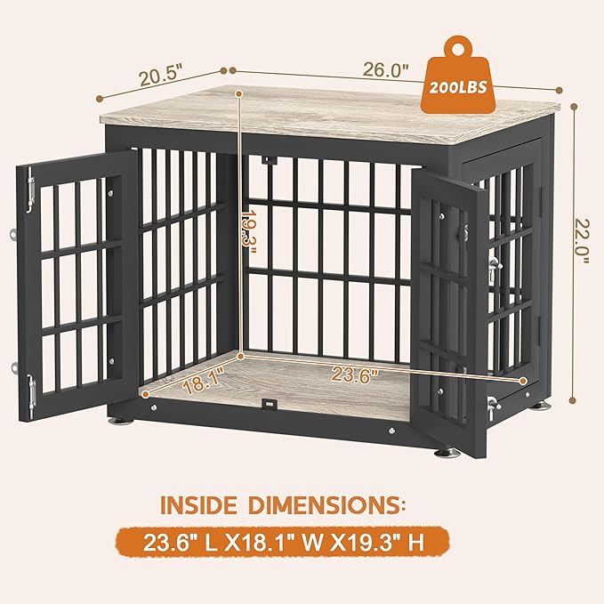 26 Inch Heavy Duty Dog Crate Furniture for Small Dogs, Decorative Pet House End Table, Wooden Cage Kennel Furniture Indoor with Double Doors, Grey