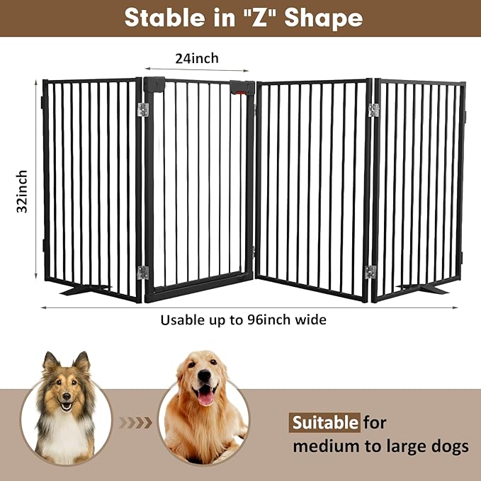 Metal Freestanding Dog Gates with Door,Extra Wide 24", 32" Height Foldable Dog Fence for Indoor & Outdoor, Heavy Duty Freestanding Pet Barrier for Stairs, Doorways, Halls, Kitchen,Yard,Christmas Tree