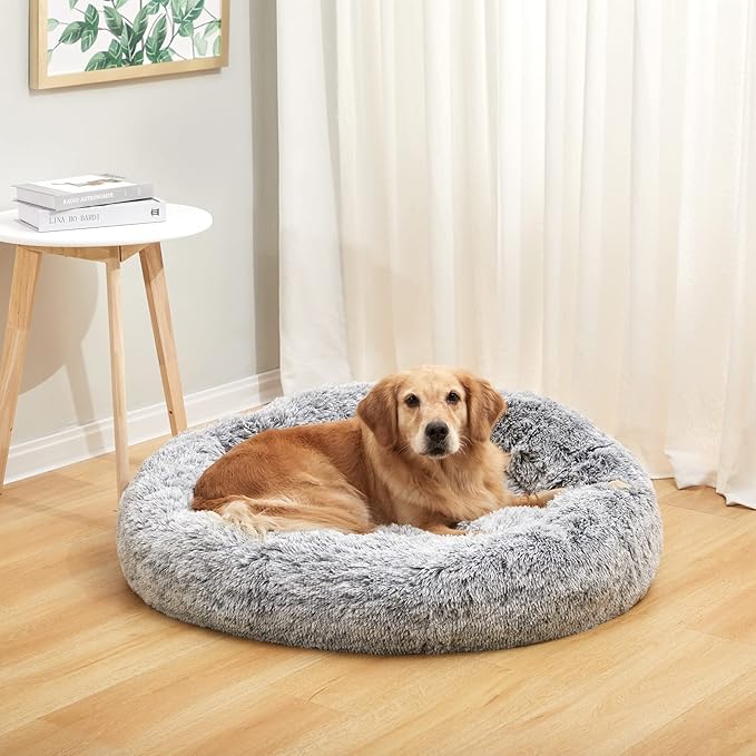Bedfolks Calming Donut Dog Bed, 36 Inches Round Fluffy for Large Dogs, Anti-Anxiety Plush, Machine Washable (Dark Grey, Large)
