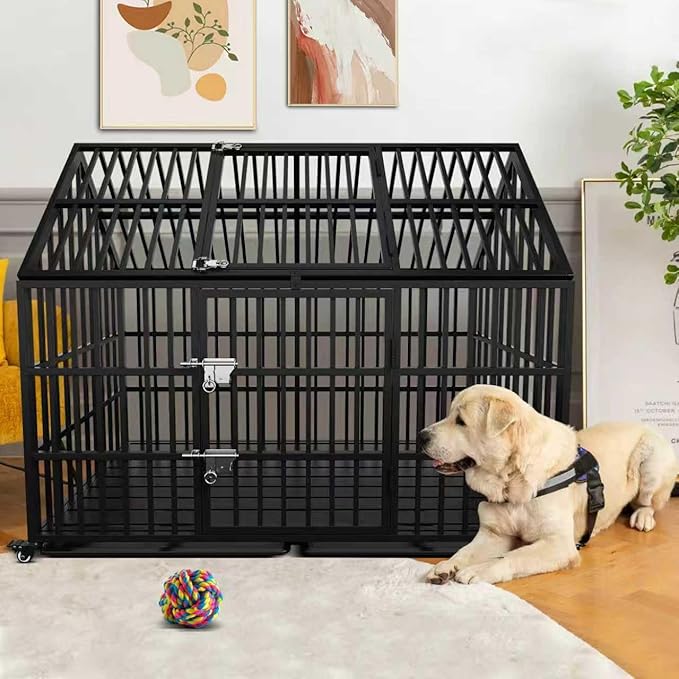 58 inch Heavy Duty Indestructible Dog Crate, New Upgraded Reinforced for Large Dogs,XXL Dog Crate for High Anxiety Dogs/Max Load Capacity 250lbs/Double Door with Wheels