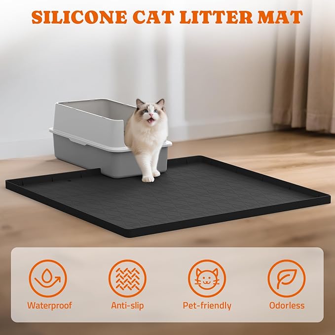 Cat Litter Mat, Large 34" x 22" Litter Box Mat, 2 Packs Cat Litter Box Mat, Non-Slip Kitty Litter Mat for Floor, Easy to Clean, Waterproof & Urine-Proof Cat Litter Mat Litter Trapping Mat, Black