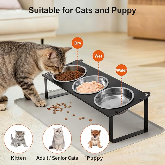 Elevated Cat Bowls with Food Mat, 10°Tilted Non-Slip Raised Cat Food Water Bowls Set, 3 Thick Stainless Steel Pets Dishes with Cute Metal Feeding Stand for Indoor Kitten Puppy, Anti-Vomiting