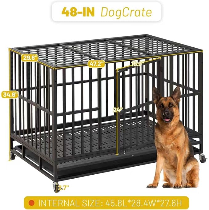 Escape-Proof Heavy Duty 48" Dog Crate, Indestructible Steel Kennel for Large & High-Anxiety Dogs with 300Lbs Capacity, Double Door Design with 4 Locking Wheels and Reinforced Baseplate.
