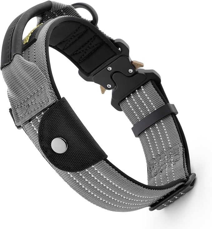 Plutus Pet Tactical Dog Collar with Tracker Packet for AirTag, Adjustable Reflective Nylon Collar, Metal Buckle, Leather-Wrapped Handle, Soft Padded for Medium Large Dogs (Gray, S)