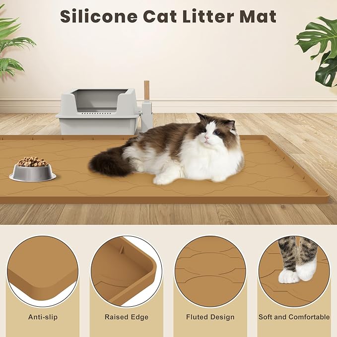 Cat Litter Mat, 28" X 22" Silicone Litter Box Mat, Cat Litter Trapping Mat for Indoor Use, Easy Clean for Scatter Control, Soft on Kitty Paws, Waterproof & Urine Proof, Brown