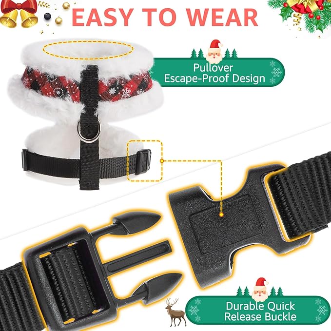 SCENEREAL Dog Christmas Harness Collar and Leash Set, Warm Fleece No Pull Puppy Vest Harnesses No Chock Adjustable Step in Small Pet Halter for Outdoor Walking Training, Black Red Plaid XS