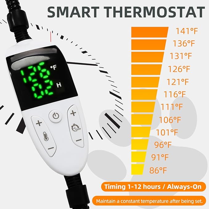 Large Dog Heating Pad with Smart Thermostat Switch, Heated Pet Crate Pad with Fleece Cover for Indoor Outdoor, 35x24 Inch with Anti-bite Cord, Constant on Function, UL&FCC Dual Certification