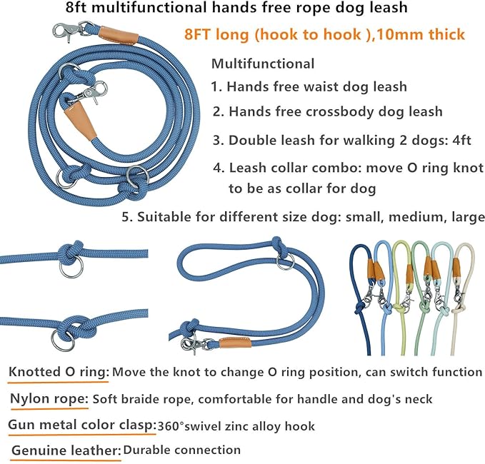 8FT Hands Free Dog Rope Leash, Waist Body Running Leash for Dog Walking (Navy Blue, 8FTx10MM)