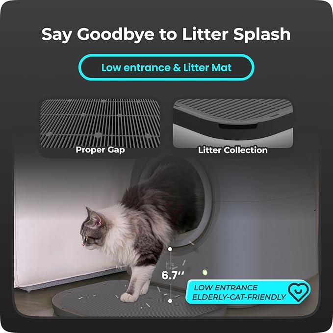 HHOLOVE TYPro Self Cleaning Cat Litter Box Automatic Hands-Free Smart Robot self Cleaning Cat Litter Box for Multiple Cats with APP Control Safe with Litter Mat Waste Bags and Deodorizer Dark Grey