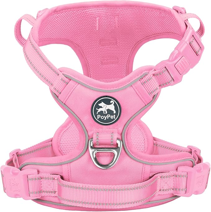 PoyPet No Pull Dog Harness, No Choke Reflective Dog Vest, Adjustable Pet Harnesses with 2 Leash Attachments with Easy Control Padded Handle for Small Medium Large Dogs(Light Pink Matching Trim,M)