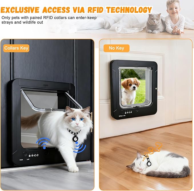 Smart Cat Door for Interior & Exterior, RFID Cat Pet Door with 3 Collar Sensor Keys & 1 Remote Control & 4 Way Locking Cat Flap with Collar Sensors Activated Opening CatDoor (Black)
