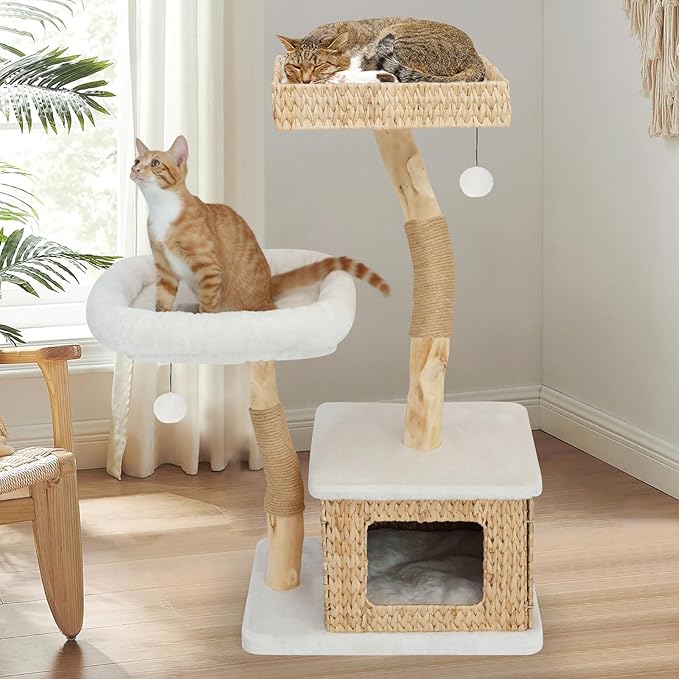 Modern Cat Tree Tower for Indoor Cats - Multi-Level Solid Wood Cat Condo w/Caves, 2 Large Perches, Scratching Posts, Hanging Toy for Large Cats Adult - Luxury Boho Pet Furniture