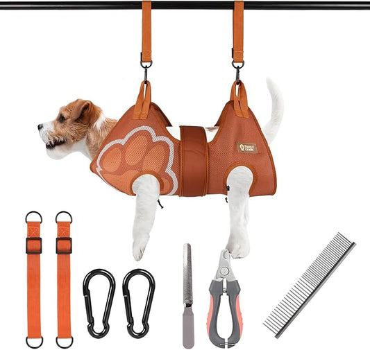 Paws n' Cradle Dog Grooming Hammock Harness for Dogs & Cats-Complete Kit with Adjustable Leg Fittings, Comb, Nail Clipper, File, Hook & Loop Strap, Adjustable Hanging Straps & Snap Hooks (Extra Large)
