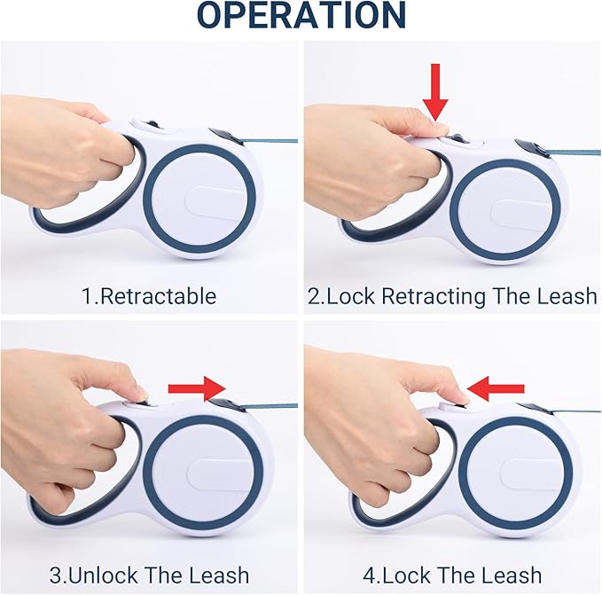 Segarty Extendable Leash, 16ft Heavy Duty Walking Dog Retractable Leash for Medium Small Dogs up to 44lb, Anti-Slip Handle 360°Tangle-Free Nylon Tape, One-Handed One Button Lock (Blue White)