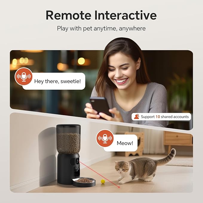 Automatic Cat Feeder with Dual 2K HD Camera, Smart Pet Food Dispenser for Timed Meals, APP Control Laser Interactive Toy Treat Feeders with 2.4G / 5G WiFi, Black