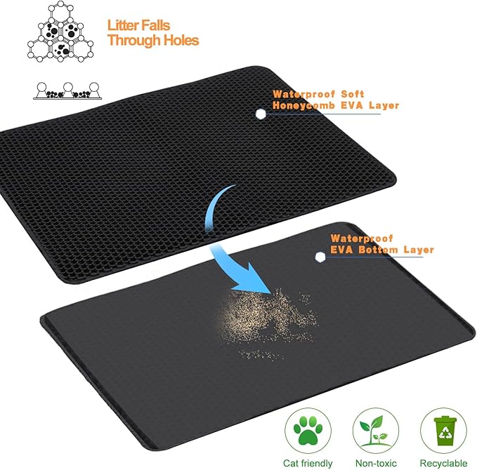 Cat Litter Mat,45"x32" Extra Large Cat Litter Box Mat,Honeycomb Double Layer Kitty Litter Trapping Mat,Soft EVA Material,Urine & Waterproof,Scatter Control,Easy Clean,Washable(Black)