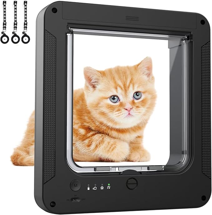 Smart Cat Door with 3 Collar Sensor & 1 Remote Control, Automatic Sensing Pet Door for Interior & Exterior, 4 Way Locking Cat Flap Pet Door with RFID Collar Activated Opening (Black)