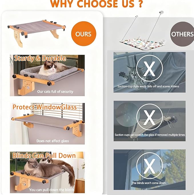Cat Window Perch- Adjustable Sill Fit,Renter-Safe,Wood-Metal Frame Sturdy Hammock No Drilling,Washable Bed Cover,Tool-Free Install for Indoor Cats,Ideal for Small Spaces & Multi-Cat Families(Grey,M)