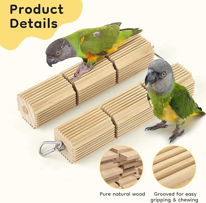 2 Pcs Bird Chew Toys, Natural Hanging Parrot Foraging Beak Grinding Wood Blocks, Birds Cage Accessories for Quaker, Caique, Conure, Cockatiel, African Grey