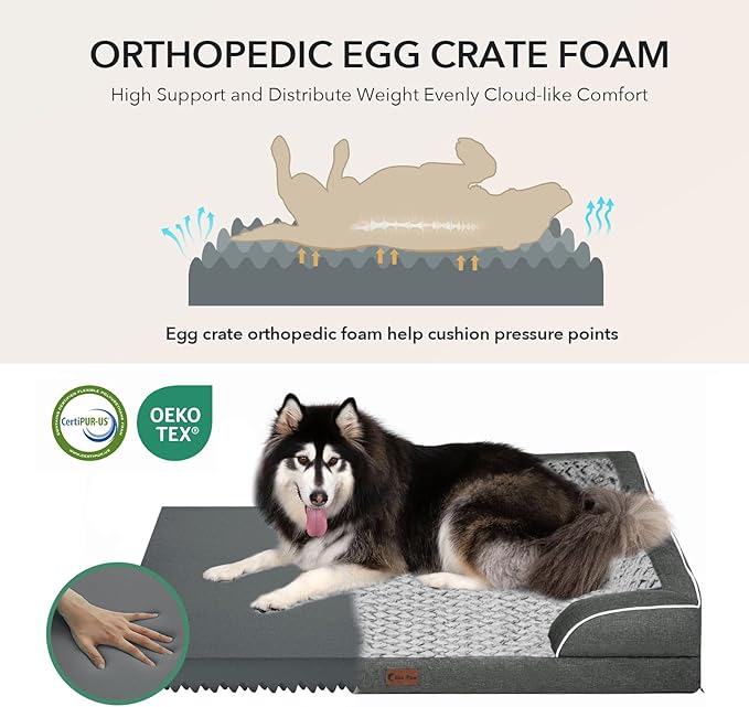 Orthopedic Dog Beds for Large Sized Dogs, Waterproof Memory Foam Large Pet Bed with Sides 35x22Inch, Non-Slip and Egg-Crate Foam Big Dog Couch Bed with Removable Washable Cover, Dark Grey