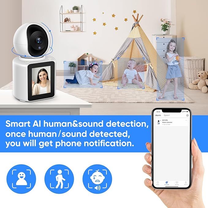 2K Two-Way Video/Audio Indoor Camera, Child/Elder/Dog/Pet Camera with Phone App& 360 Degrees Pan Tilt, Night Vision, One-Button Call, Motion Detection, Human/Sound/Crying Detection (Dome Camera)