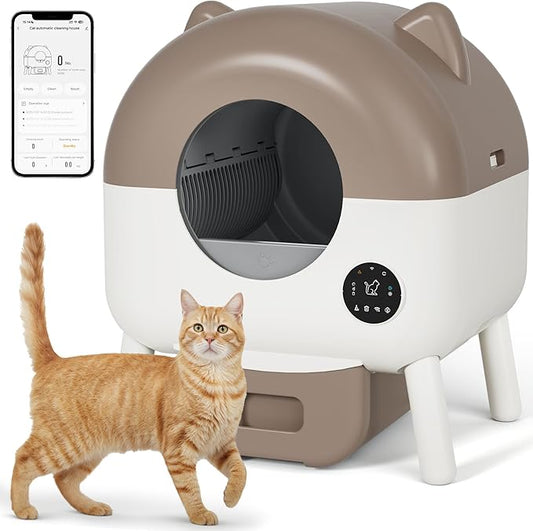 Greesum 76L Large Capacity Fully Enclosed Automatic Litter Box, Cat Ear Design with Garbage Bags Aroma Box and Brush for Multi - Cat Families (Brown)