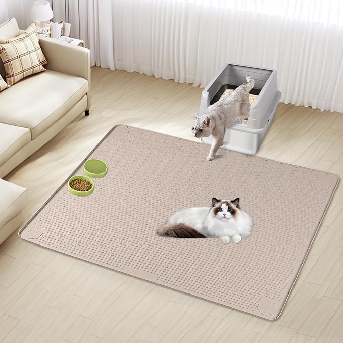 Cat Litter Mat, XL Extra Large 40" x 40" Silicone Mat Litter Trapping Mat for Scatter Control, Soft on Kitty Paws, Easy to Clean (Khaki)