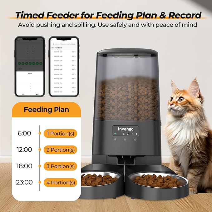 Automatic Cat Feeder with App Control, 5L Food Dispenser for 2 Cats, 2.4/5G WiFi, Dual Power, Programmable Portions, Anti-Jam & Fresh-Lock, Stainless Steel Bowls, Easy to Clean
