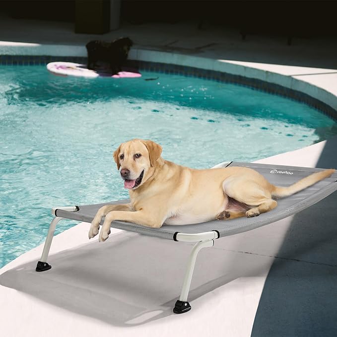 Veehoo Elevated Dog Bed for Outdoor, Cooling Waterproof Raised Dog Cots Beds for Large Dogs, Curved Off Ground Pet Hammock Cot Lifted for Outside, up to 85lbs, White Legs, Grey 42"