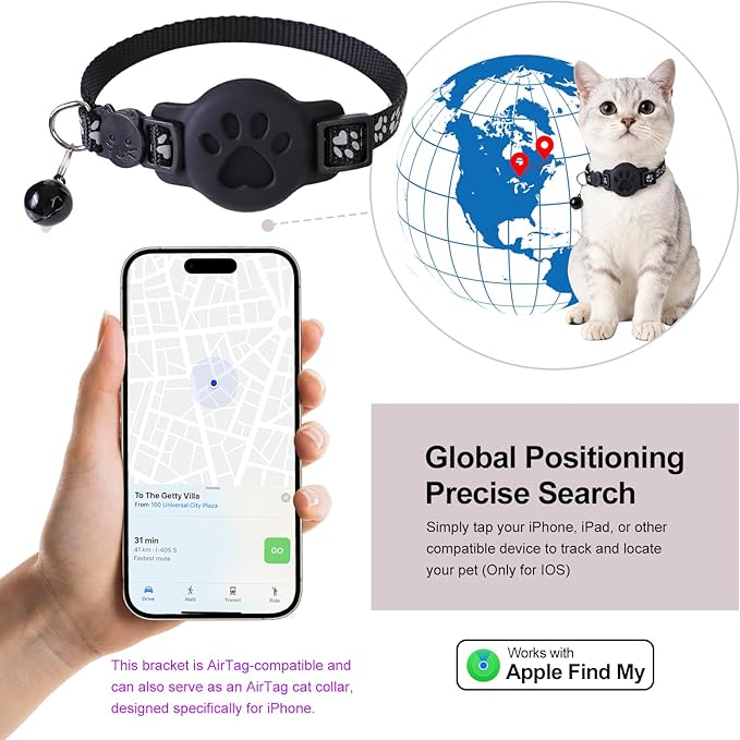 GPS Cat Collar with Bluetooth Tracker Holder - Breakaway Adjustable (7.5-12.6") for Small Cats for iOS (Findmy App) | No Monthly Fee | Waterproof Lightweight Reflective Pet Tracker