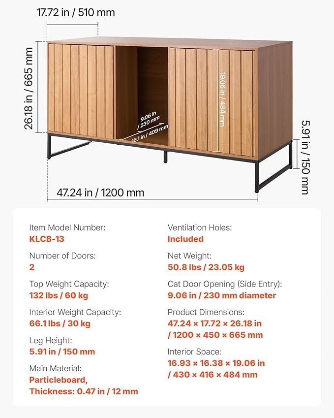 VEVOR Cat Litter Box Enclosure Furniture, 47.2 in Hidden Litter Box Cabinet with Scratch Pad & Storage, Waterproof Cat Washroom End Table Cat House, Fit Most of Litterbox, for Bedroom Living Room