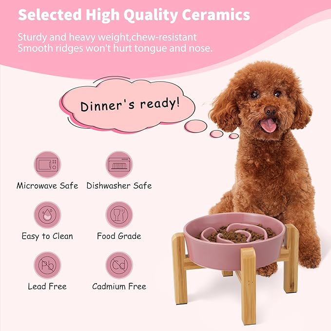 Elevated Slow Feeder Dog Bowl - Ceramic Maze Food Dish with Bamboo Stand - Raised Feeding Bowl for Fast Eaters - Ideal for Small and Medium Dogs - Pink - 6.7 inch