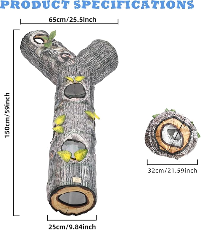 Tree Trunk Cat Tunnel - Cat Tunnels for Indoor Cats, Cat Bed Tree Hole Toy with Three Channels and Leaves, Foldable & Easy to Store, Suitable for Cats and Other Small Animals to Chase and Play