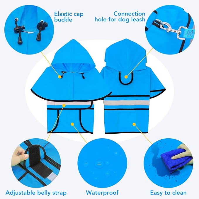 Adjustable Dog Raincoat with Hood - Waterproof Lightweight Slicker Poncho, Safety Dog Rain Jacket with Reflective Strip and Leash Hole for Small, Medium, Large Dogs (Large, Blue)