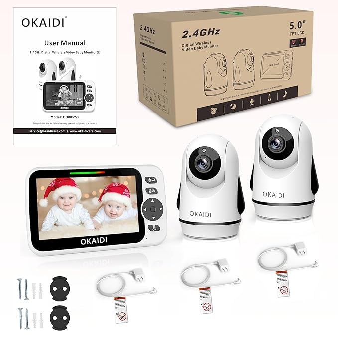 OKAIDI Video Baby Monitor with 2 Cameras, 5" Display Baby Monitor No WiFi, 30H Battery and 1000ft Range, Remote Pan-Tilt-Zoom Baby Camera, 2-Way Talk, 8 Lullabies, for Baby Pet Elderly