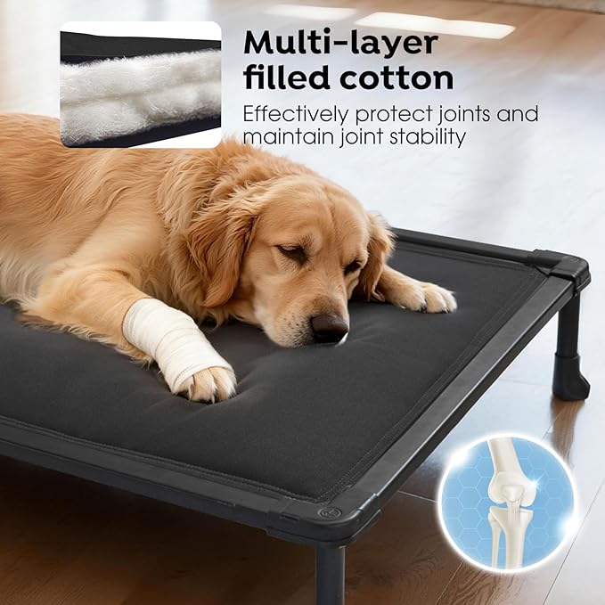Veehoo Chewproof Elevated Dog Bed, Durable Raised Pet Cot with Soft PP Cotton-Filled Waterproof Mat, Washable Padded Cot for Indoor, Outdoor & Camping, 49-Inch, Black