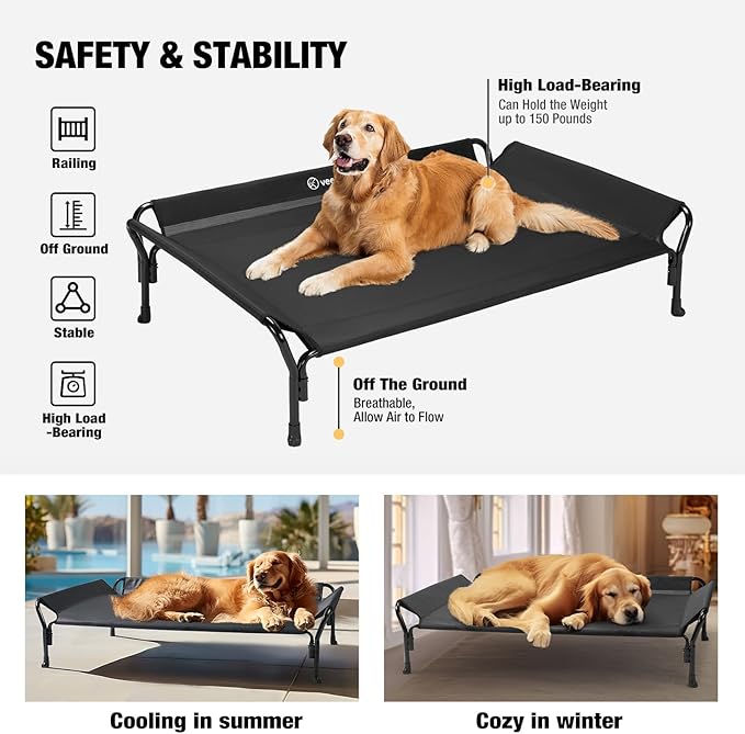 Veehoo Cooling Elevated Dog Bed, Raised Pet Cot with Guardrail & Slope Headrest, Durable Breathable Teslin Mesh, Non-Slip Feet, Washable Dog Couch Bed for Indoor & Outdoor, Medium 39.5" x 28", Black