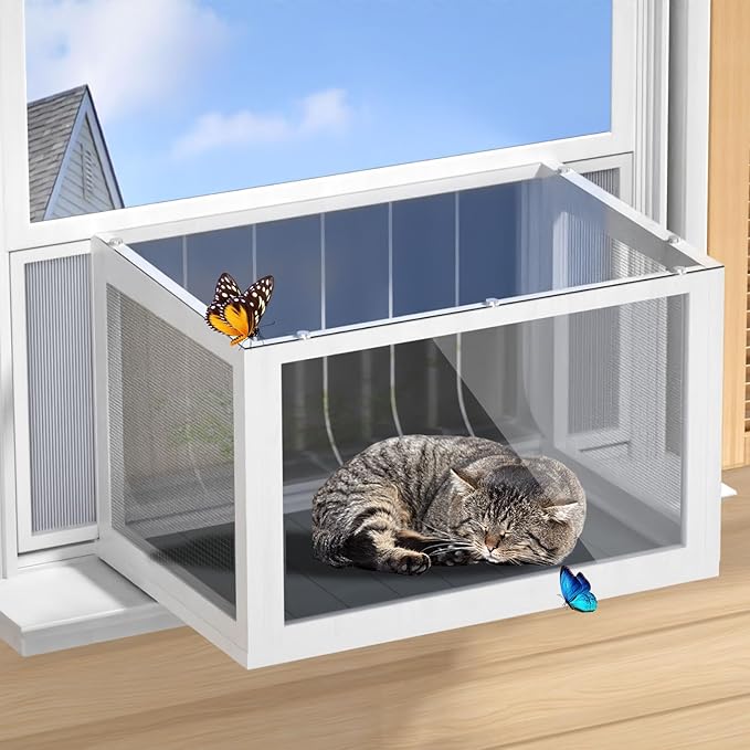 Cat Window Box Catio, Outdoor Indoor Cat Enclosure with Clear Panels, Mesh Sides & PVC Curtain, Universal Window Perch for Windows 25"–43", Window Catio for Sunbathing, Napping & Overlooking,Grey
