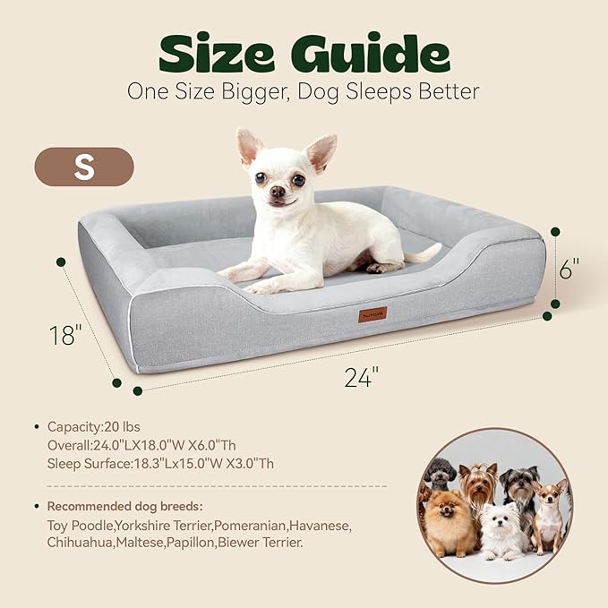 Orthopedic Small Dog Bed Washable for Small Size Dogs,Cooling Gel Memory Foam Sofa Bed with Removable Waterproof Cover & Sides,for Old Pets or Cat with Joint Pain,24"x18"x6"Grey
