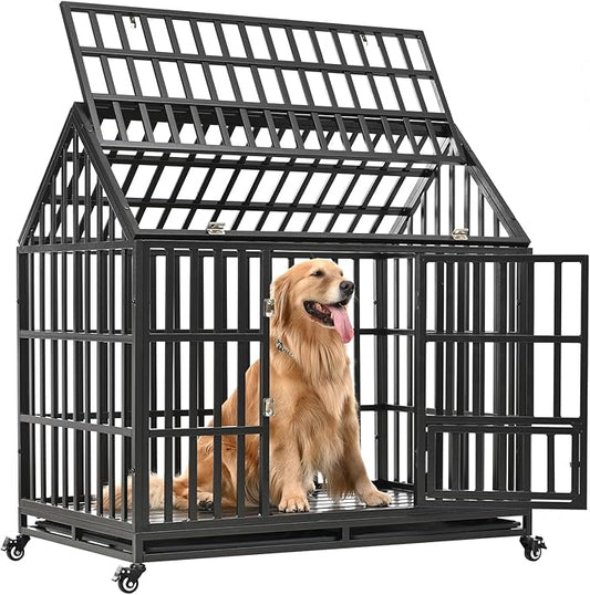 52/48/44 Inch Heavy Duty Dog Crate Indestructible and Escape-Proof Dog Cage Kennel for Large Medium Dogs Extra Large XL XXL with Lockable Wheels Removable Tray Double Door Black