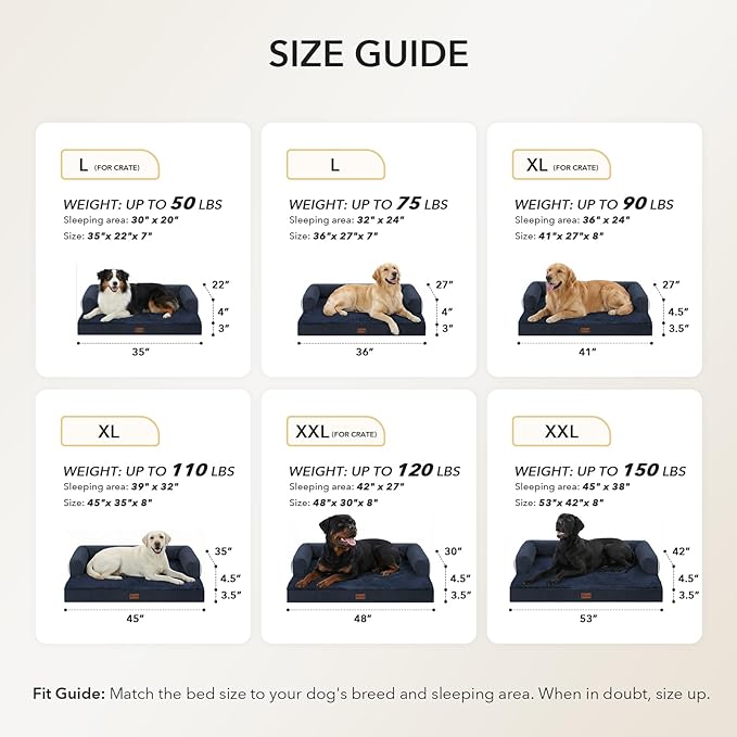 Orthopedic Dog Beds for Large Sized Dogs, Waterproof Egg Crate Foam Medium Dog Couch Beds for Crate 35x22Inch, Washable Pet Beds with Removable Cover and Nonskid Bottom, Navy Blue