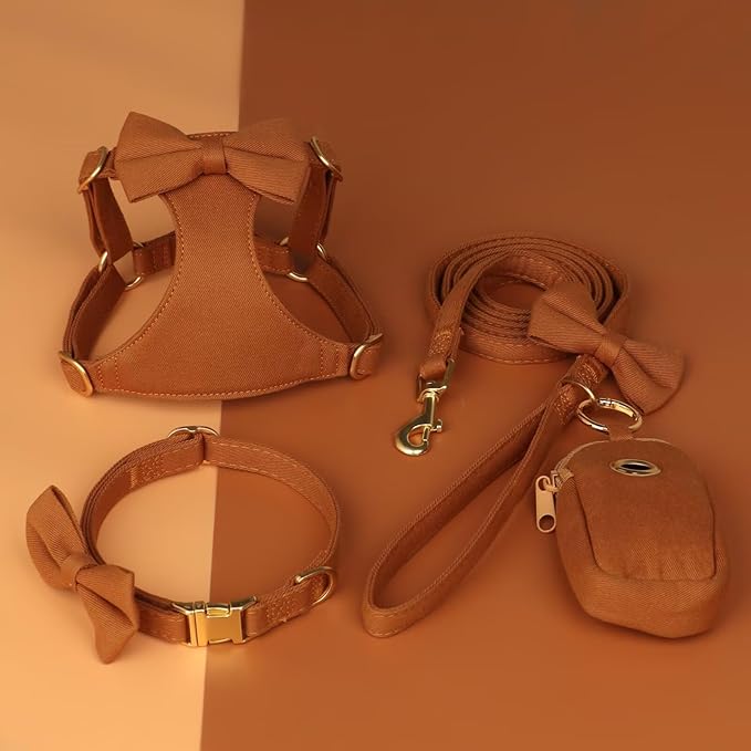 Beirui Adorable Small Dog Harness Collar and Leash Set,Cute XXS Puppy Harness Set with 3 Bows for Tiny Dogs,Chihuahua,Adjustable Step-in Vest for Daily Walking,Parties&Holiday Outfits(Brown,XXS)