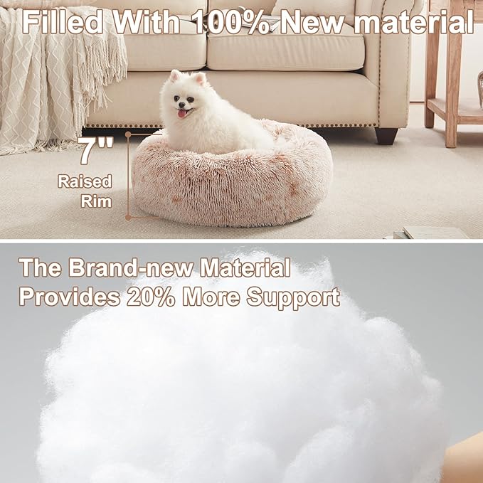 23 inches Donut Dog Bed for Small Dogs - Calming Washable Round Puppy Bed with Removable Cover, Fluffy Plush Pet Bed for Cats & Dogs, Fits up to 25 lbs Pets (Brown,Small)