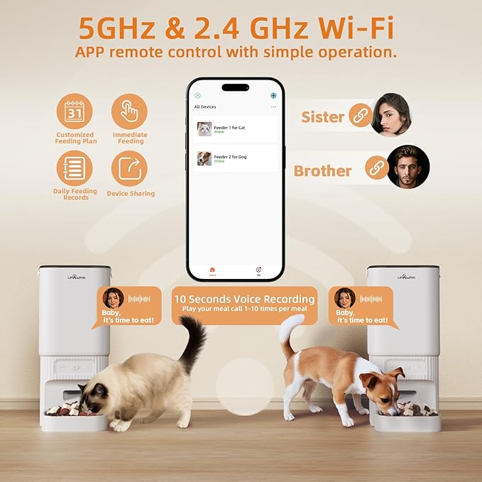 Automatic Cat Feeder 7L/29Cup Automatic Dog Feeder 5G/2.4G WiFi Programmable Cat Food Dispenser APP Remote Feed 15 Meal 50 Portion Dog Food Dispenser 10s Voice Record with Desiccant Bag