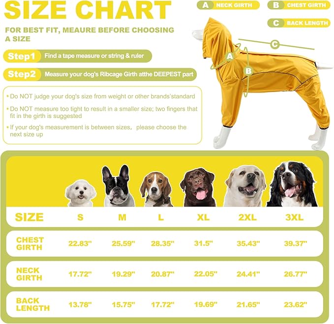 Dog Raincoat, Waterproof Dog Rain Jacket with Removable Hood，Adjustable 4 Legs Pet Poncho with Leash Hole，Reflective Stripe Hooded Snowproof Windproof Clothes for Small to 3X-Large Dogs, M