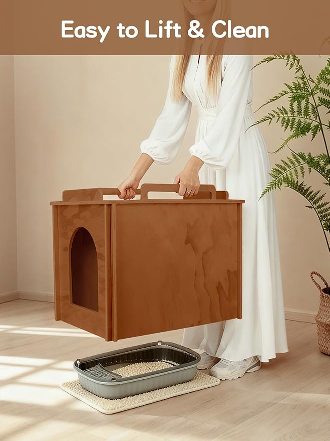 Wooden Cat Litter Box Enclosure, Hidden Litter Box Furniture with Litter Mat, Multi-Functional Cat House, for Living Room Bedroom Indoor, 23.2 x 17.7 x 19.3 inches, Walnut