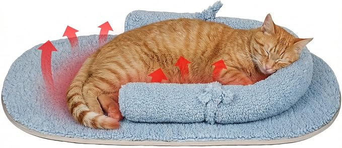 Self Warming Cat Bed Mat with Soft U-Shaped Pillow– Thickened Calming Cat Bed for Kittens and Small Dogs – Portable Washable Cats Warming Pad for Indoor or Travel Use,Blue