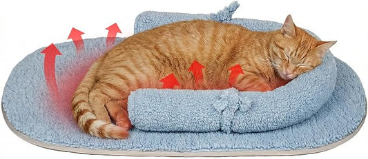 Self Warming Cat Bed Mat with Soft U-Shaped Pillow– Thickened Calming Cat Bed for Kittens and Small Dogs – Portable Washable Cats Warming Pad for Indoor or Travel Use,Blue